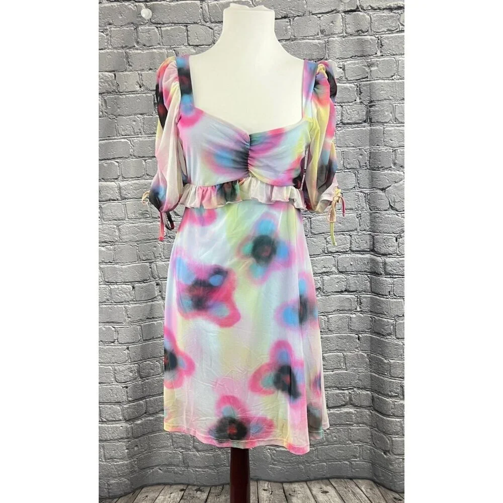 Topshop Spray Paint Floral Print Mini Tea Dress Size 8-10 M - Picture 7 of 9